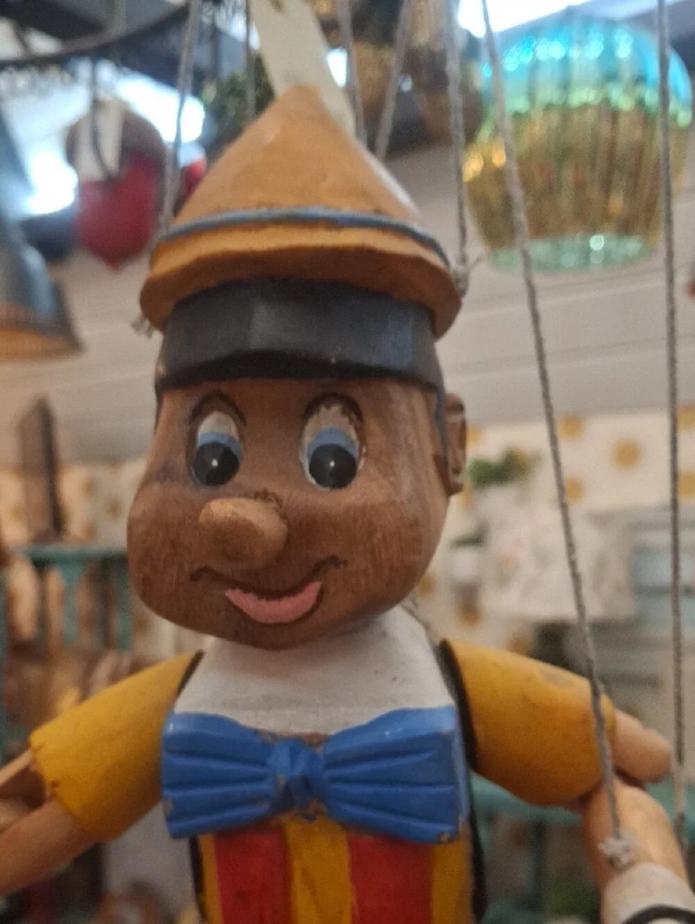 Vintage Wooden Hand Carved Pinocchio Marionette Doll - Red & Yellow Outfit